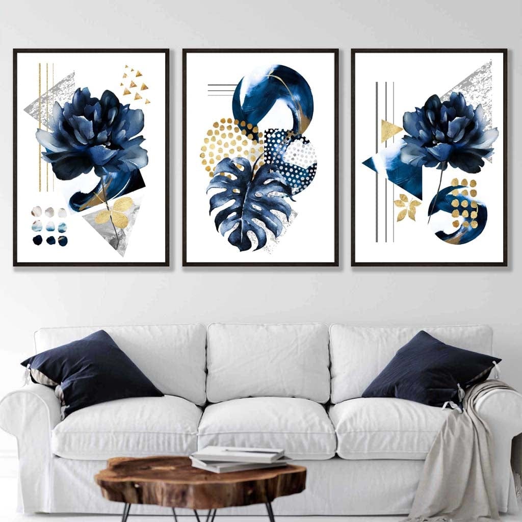 Abstract Navy and Gold Botanical Set of 3 Framed Wall Art Prints | Artze Wall Art UK