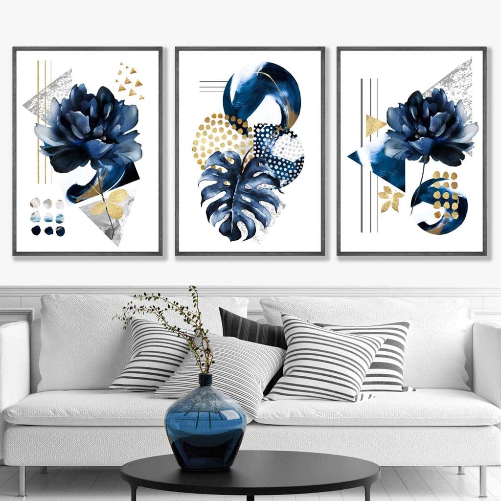 Abstract Geometric Floral Navy and Gold Set of 3 Wall Art Prints