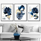 Abstract Geometric Floral Navy and Gold Set of 3 Wall Art Prints