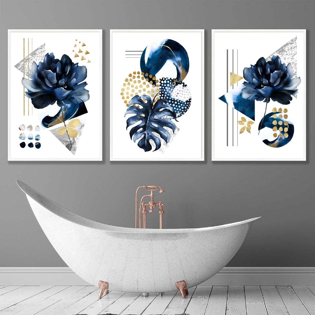 Abstract Navy and Gold Botanical Set of 3 Framed Wall Art Prints | Artze Wall Art UK
