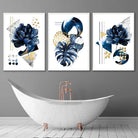 Abstract Geometric Floral Navy and Gold Set of 3 Wall Art Prints