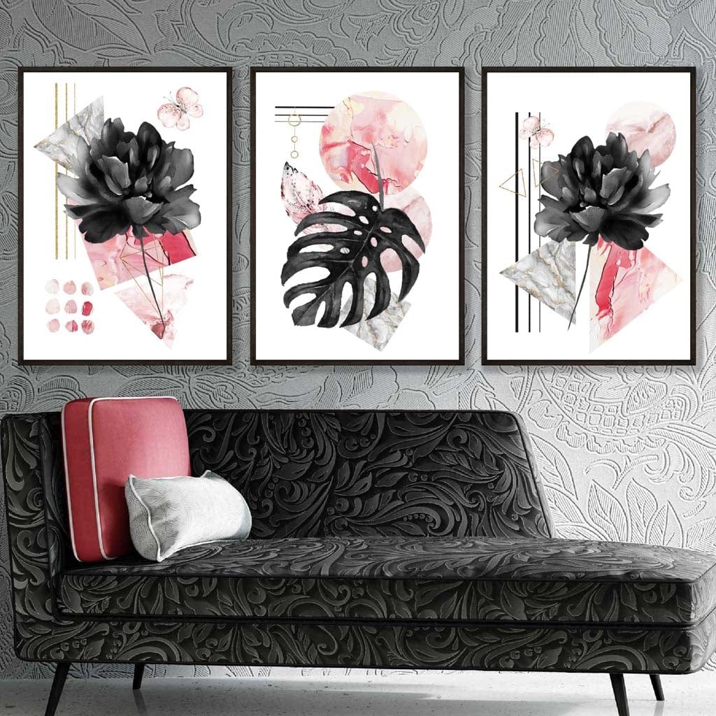 Set of 3 Modern Floral Wall Art Prints Pink & Black