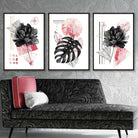 Set of 3 Modern Floral Wall Art Prints Pink & Black