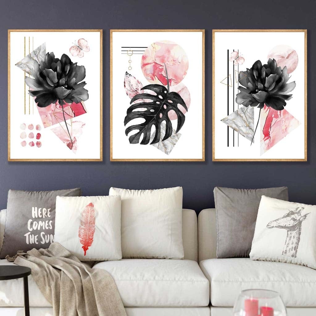 Set of 3 Modern Floral Wall Art Prints Pink & Black