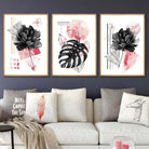Set of 3 Modern Floral Wall Art Prints Pink & Black
