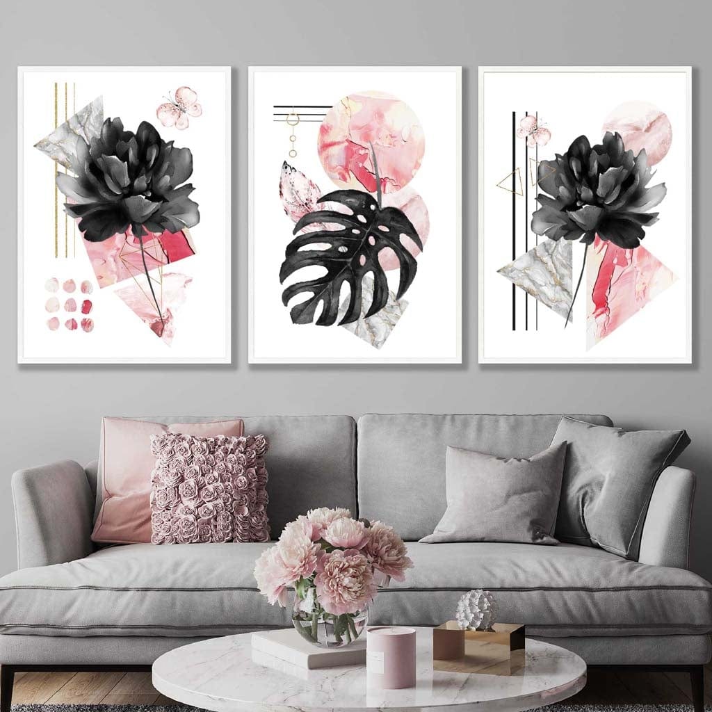 Set of 3 Modern Floral Wall Art Prints Pink & Black