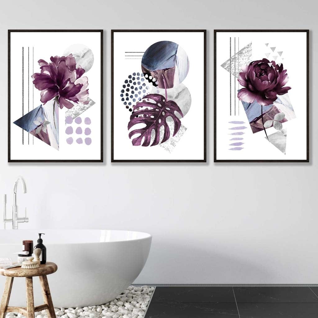 Contemporary Purple and Silver Grey Floral Set of 3 Wall Art Prints