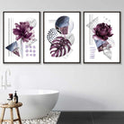 Contemporary Purple and Silver Grey Floral Set of 3 Wall Art Prints