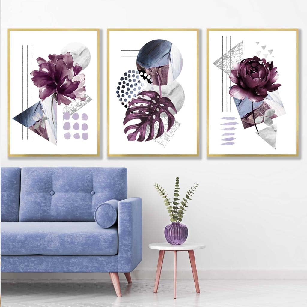 Contemporary Purple and Silver Grey Floral Set of 3 Wall Art Prints