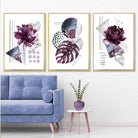 Contemporary Purple and Silver Grey Floral Set of 3 Wall Art Prints