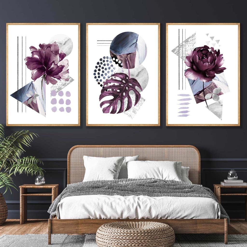 Contemporary Purple and Silver Grey Floral Set of 3 Wall Art Prints