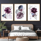 Contemporary Purple and Silver Grey Floral Set of 3 Wall Art Prints