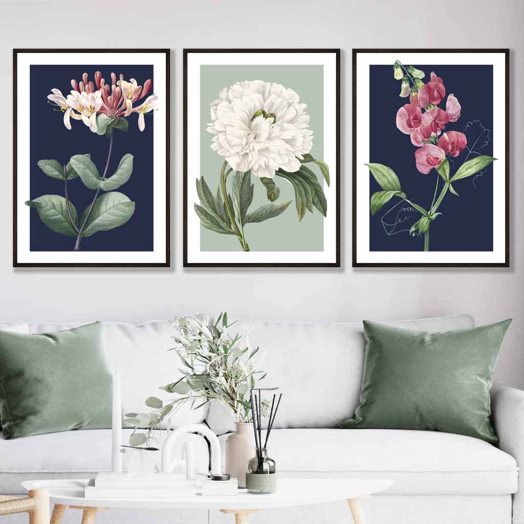 Vintage Flowers Honeysuckle Blue and Green Set of 3 Wall Art Prints