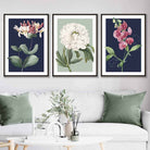 Vintage Flowers Honeysuckle Blue and Green Set of 3 Wall Art Prints