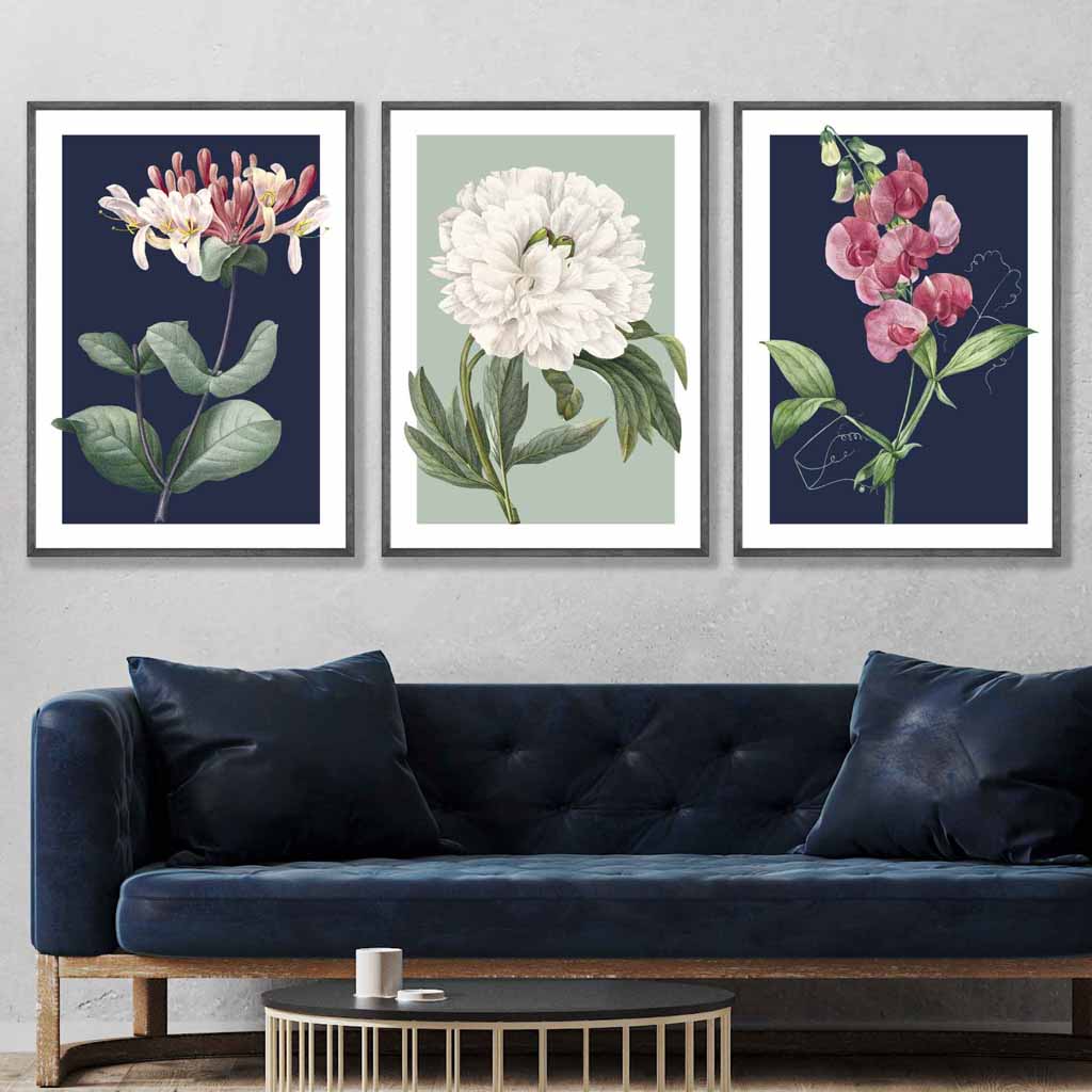 Vintage Flowers Honeysuckle Blue and Green Set of 3 Wall Art Prints