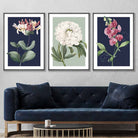 Vintage Flowers Honeysuckle Blue and Green Set of 3 Wall Art Prints