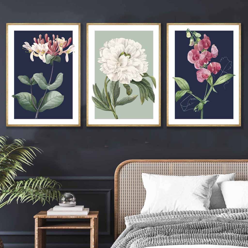 Vintage Flowers Honeysuckle Blue and Green Set of 3 Wall Art Prints