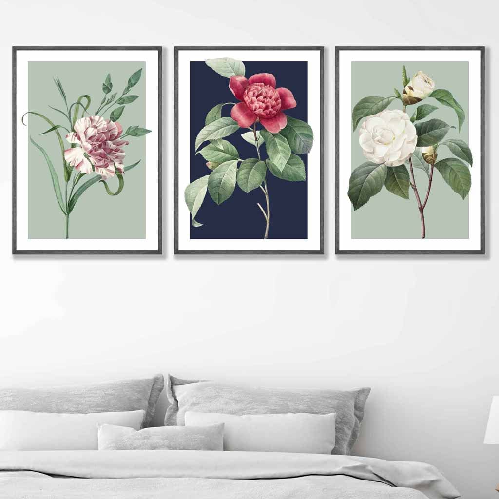 Vintage Flowers Camellia Blue and Green Set of 3 Wall Art Prints