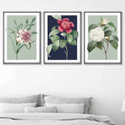 Vintage Flowers Camellia Blue and Green Set of 3 Wall Art Prints