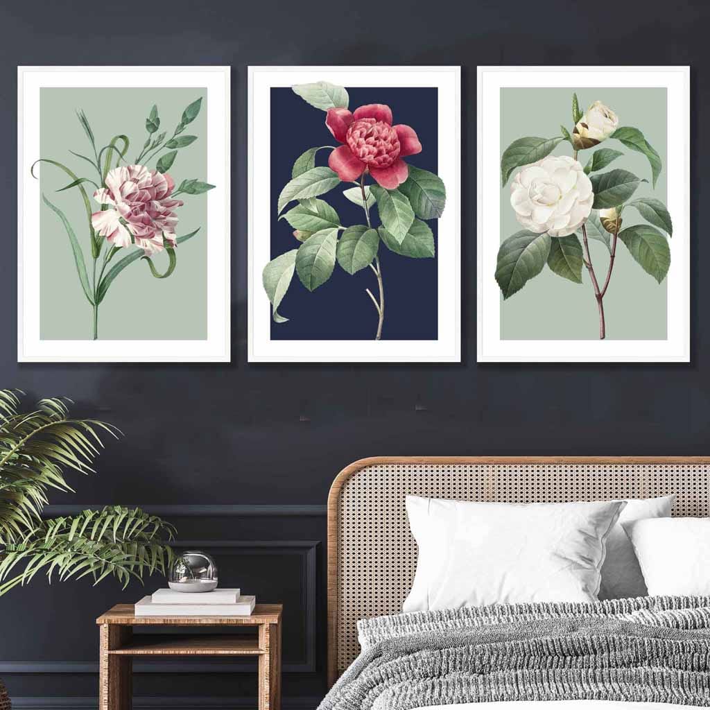 Vintage Flowers Camellia Blue and Green Set of 3 Wall Art Prints