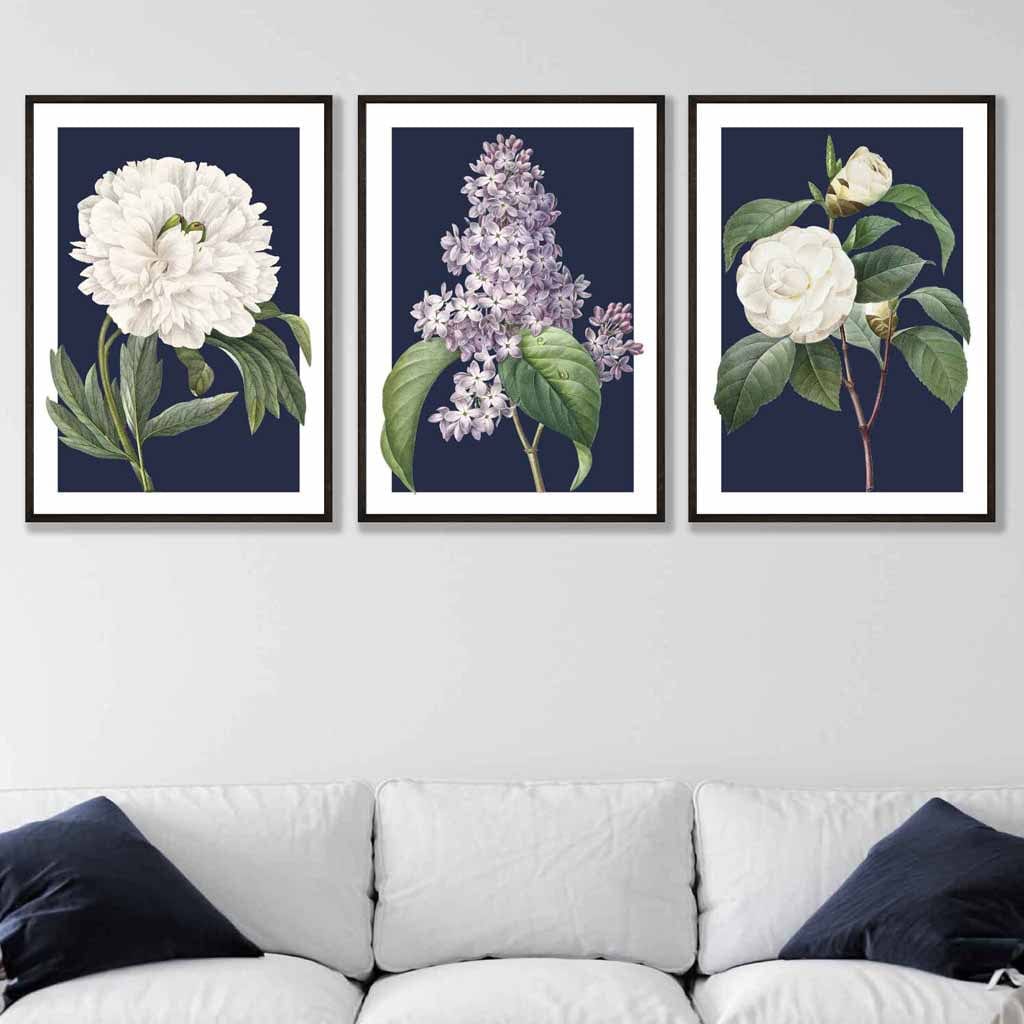 Vintage Flowers Lilac, Peony and Camellia Set of 3 Wall Art Prints