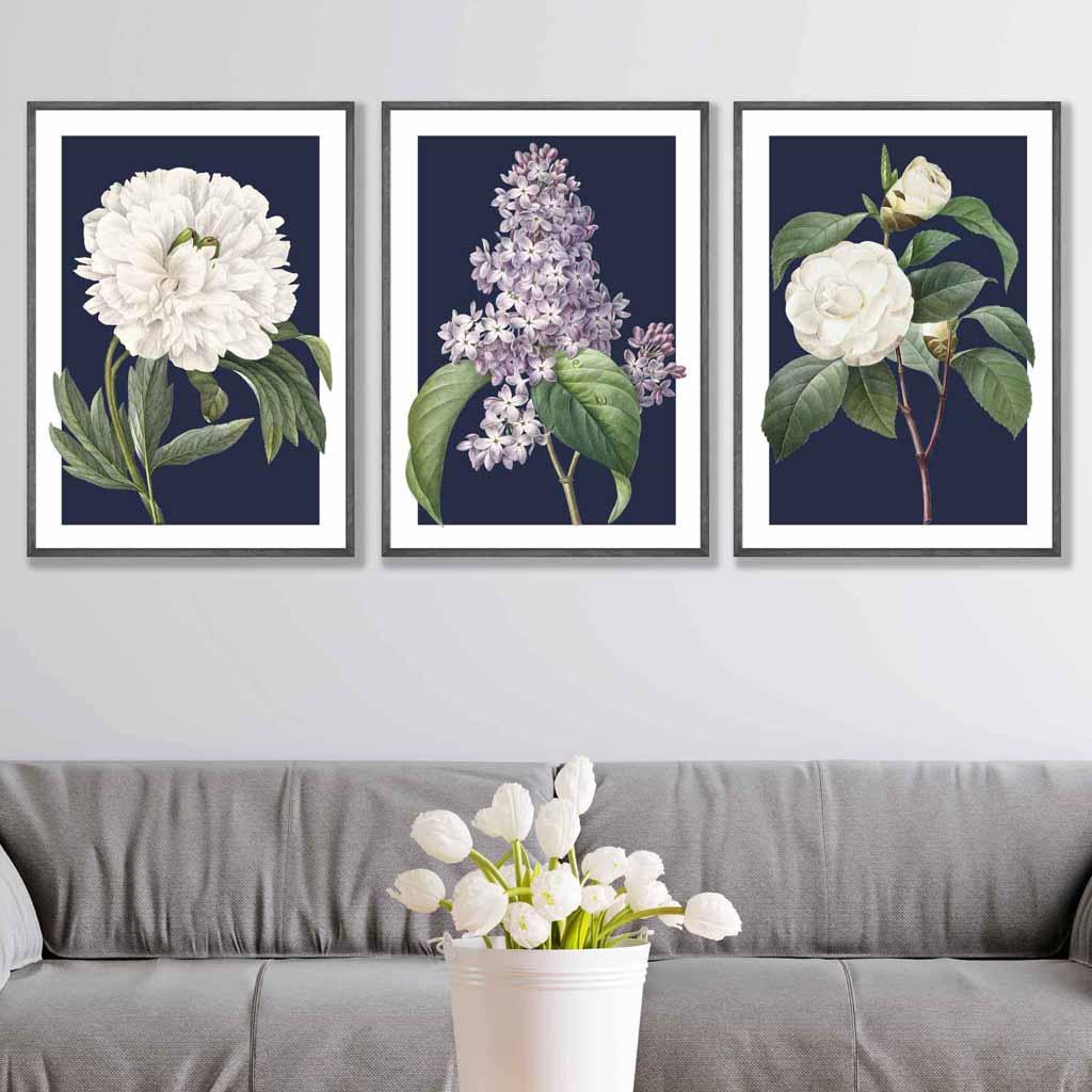 Vintage Flowers Lilac, Peony and Camellia Set of 3 Wall Art Prints