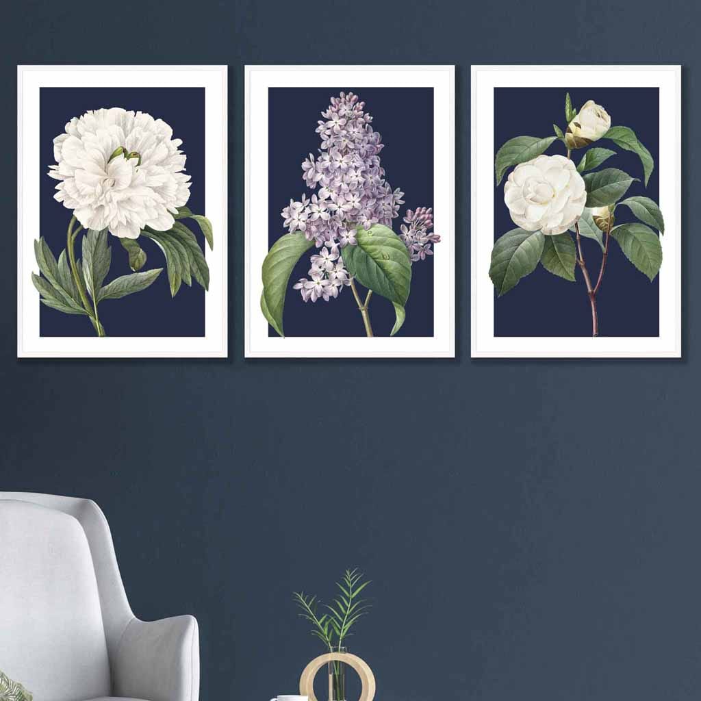 Vintage Flowers Lilac, Peony and Camellia Set of 3 Wall Art Prints