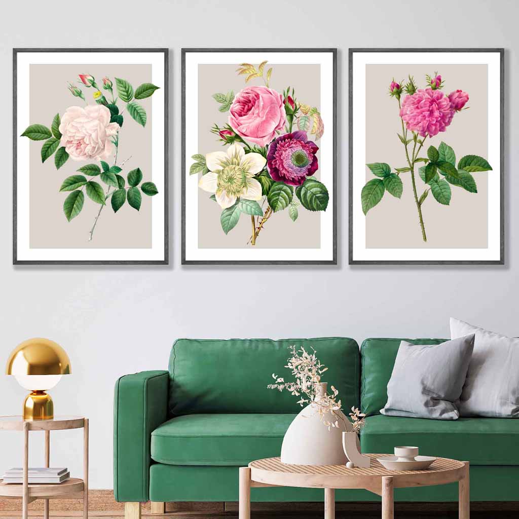 Vintage Pink and White Roses Set of 3 Wall Art Prints