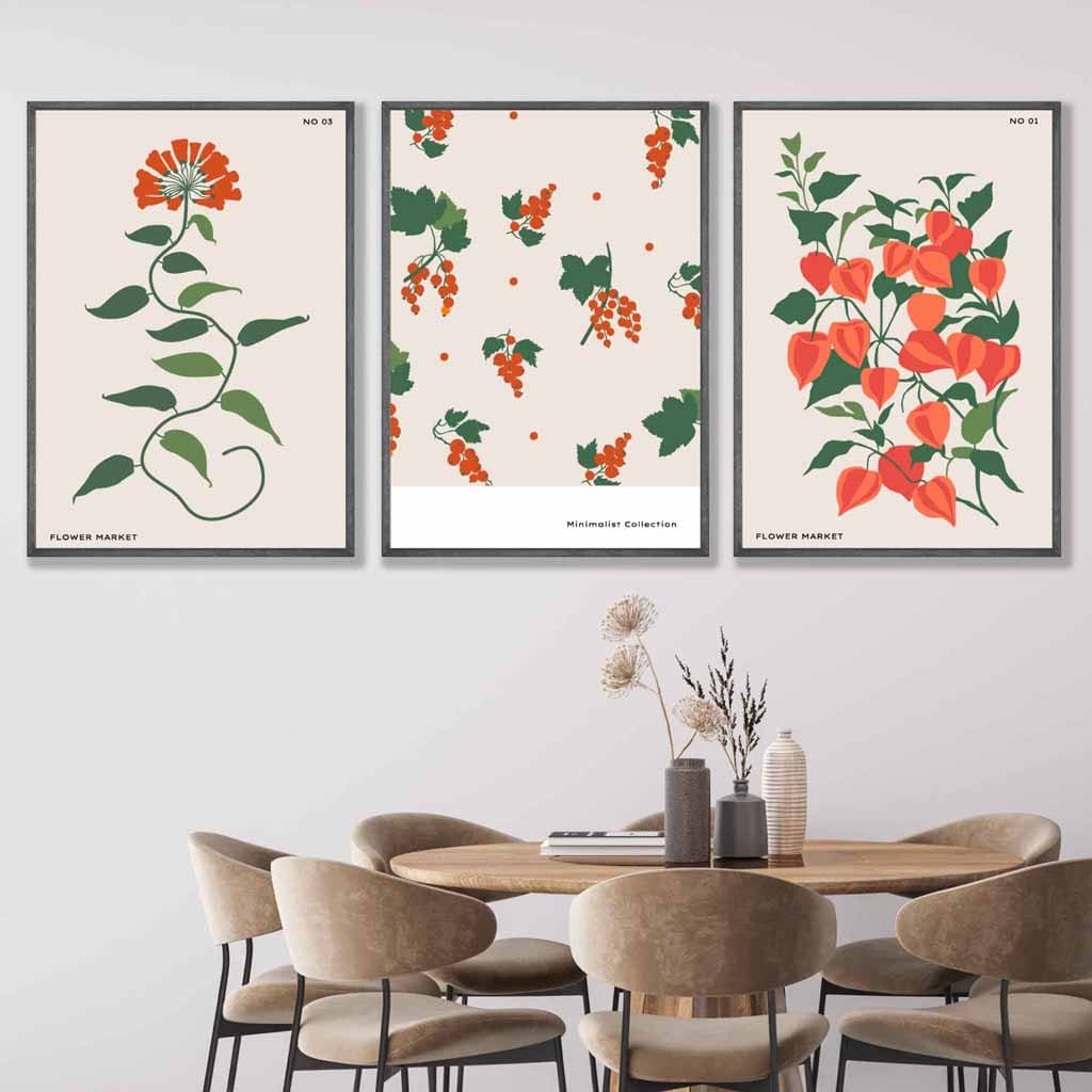 Vintage Graphical Orange Flowers Set of 3 Wall Art Prints