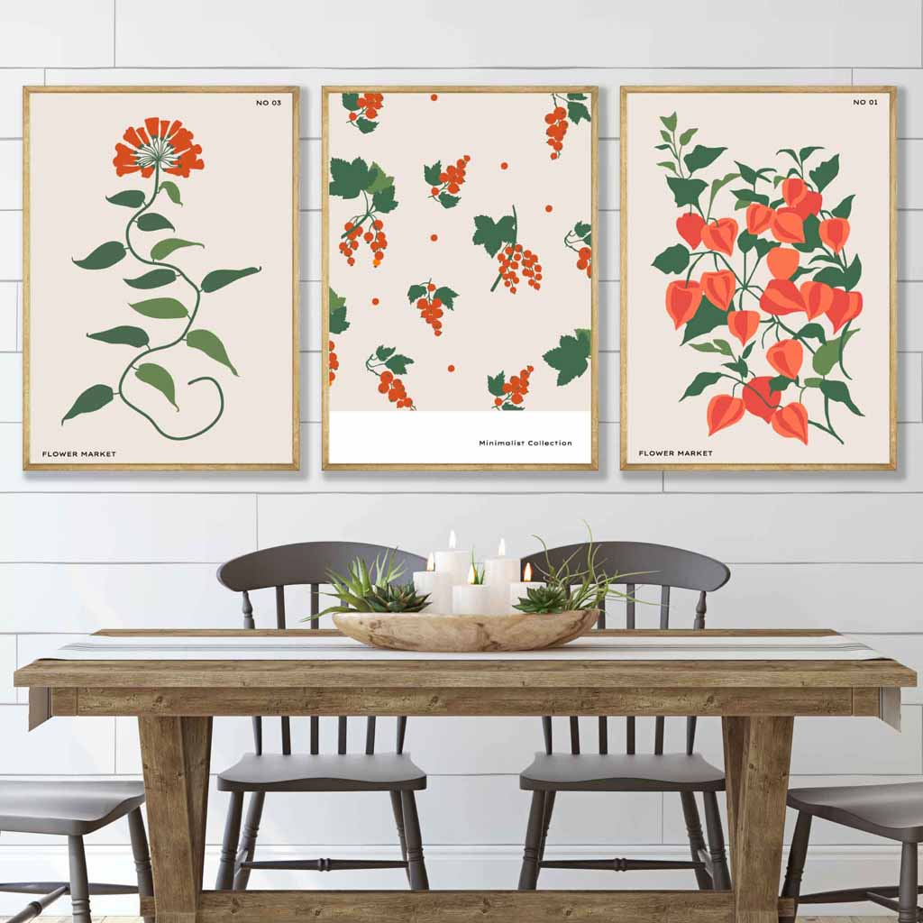 Vintage Graphical Orange Flowers Set of 3 Wall Art Prints