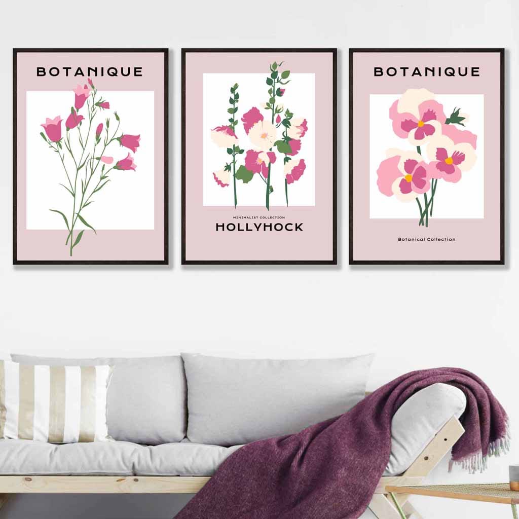 Vintage Graphical Pink Hollyhock Flowers Set of 3 Wall Art Prints