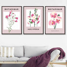 Vintage Graphical Pink Hollyhock Flowers Set of 3 Wall Art Prints