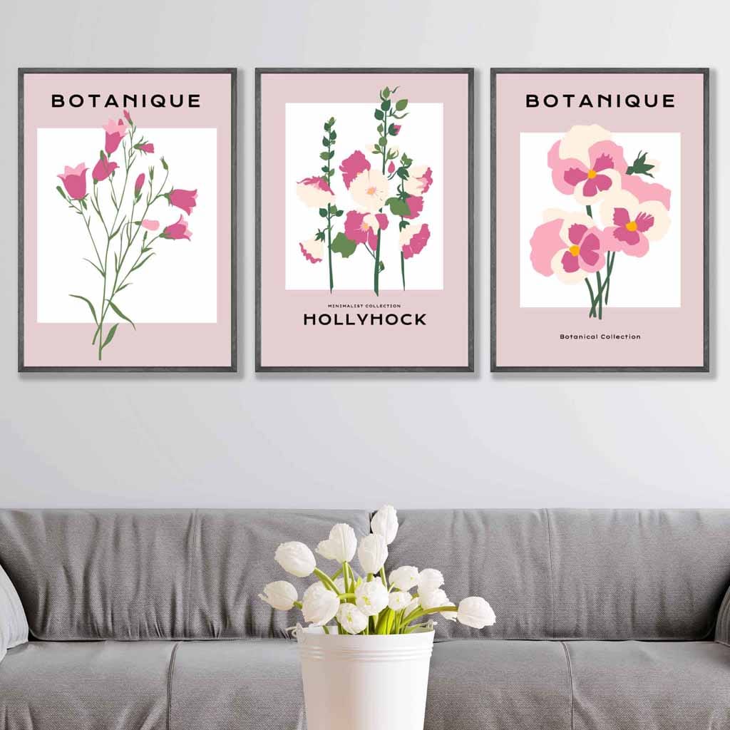 Vintage Graphical Pink Hollyhock Flowers Set of 3 Wall Art Prints