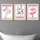 Vintage Graphical Pink Hollyhock Flowers Set of 3 Wall Art Prints