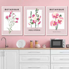 Vintage Graphical Pink Hollyhock Flowers Set of 3 Wall Art Prints
