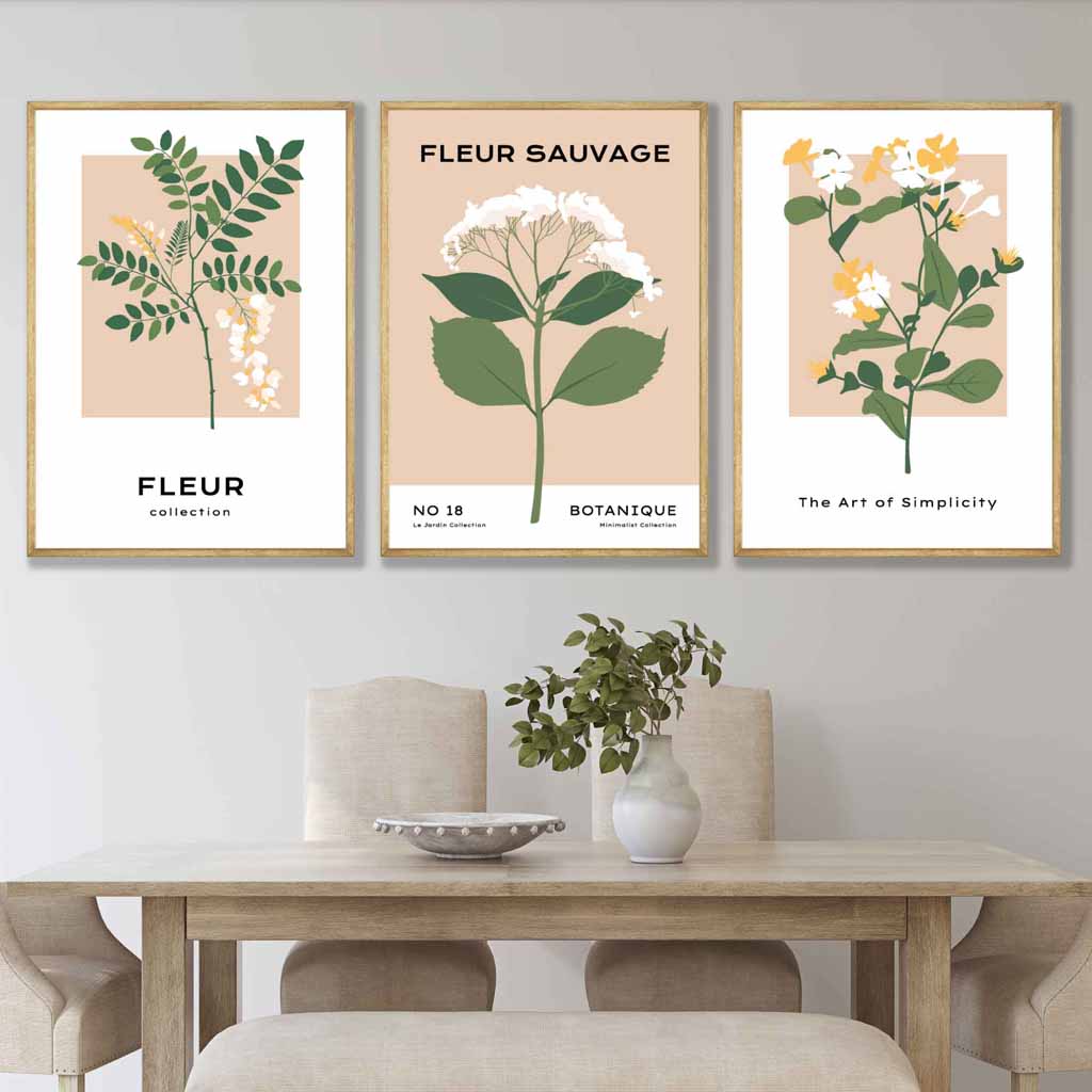 Vintage Graphical Yellow Wild Flowers Set of 3 Wall Art Prints