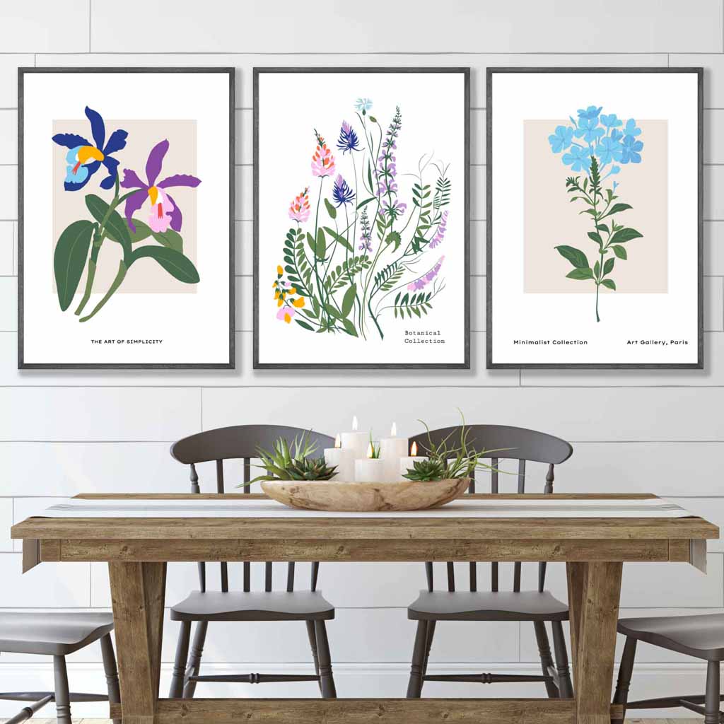 Vintage Graphical Colourful Wild Flowers Set of 3 Wall Art Prints