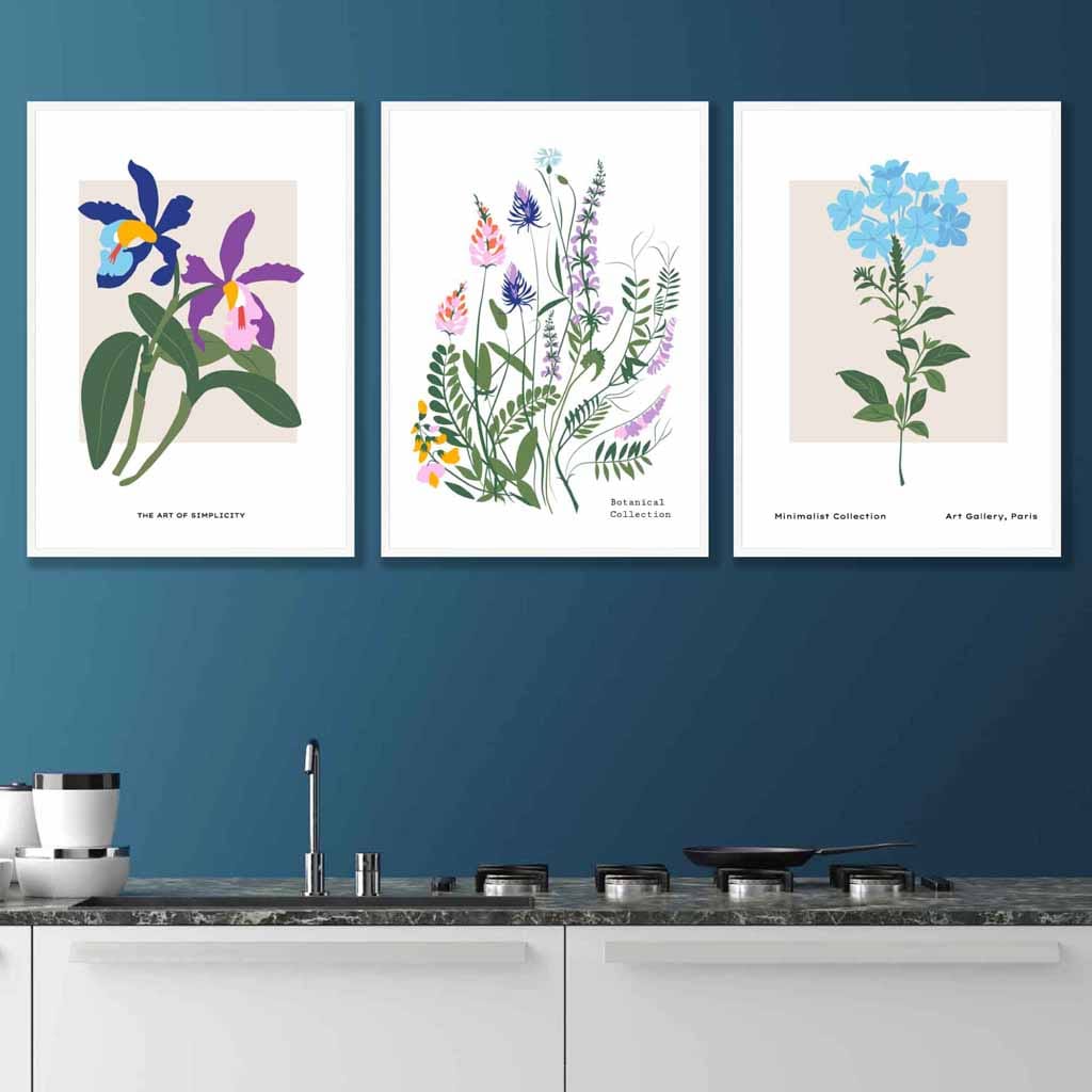 Vintage Graphical Colourful Wild Flowers Set of 3 Wall Art Prints