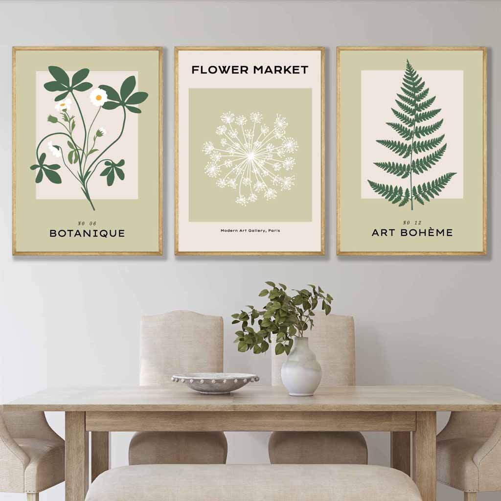 Set of 3 Vintage Graphical Green Botanical Wall Art Prints