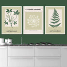 Set of 3 Vintage Graphical Green Botanical Wall Art Prints