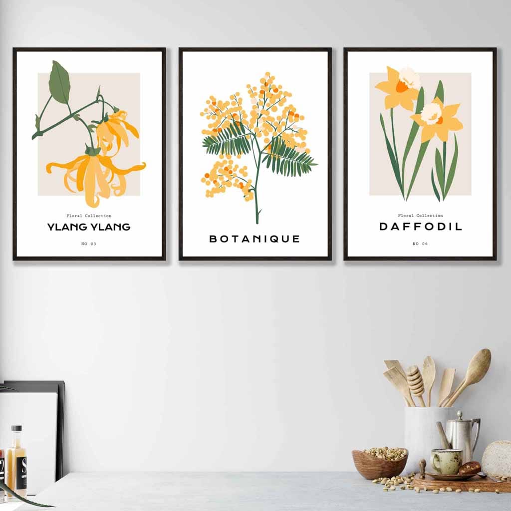 Set of 3 Vintage Graphical Yellow Spring Flowers Wall Art Prints