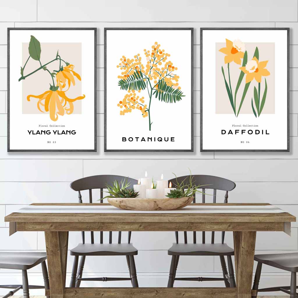 Set of 3 Vintage Graphical Yellow Spring Flowers Wall Art Prints