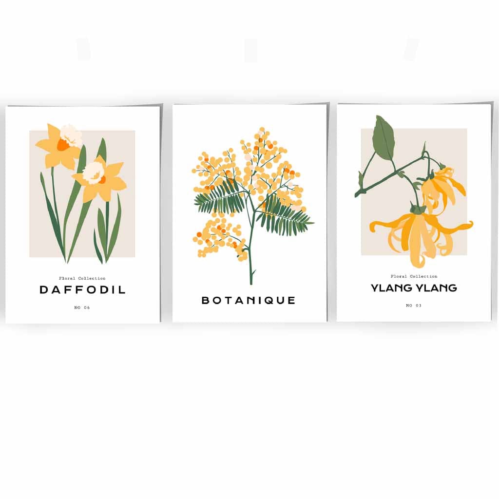 Set of 3 Vintage Graphical Yellow Spring Flowers Wall Art Prints