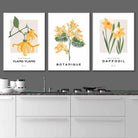 Set of 3 Vintage Graphical Yellow Spring Flowers Wall Art Prints