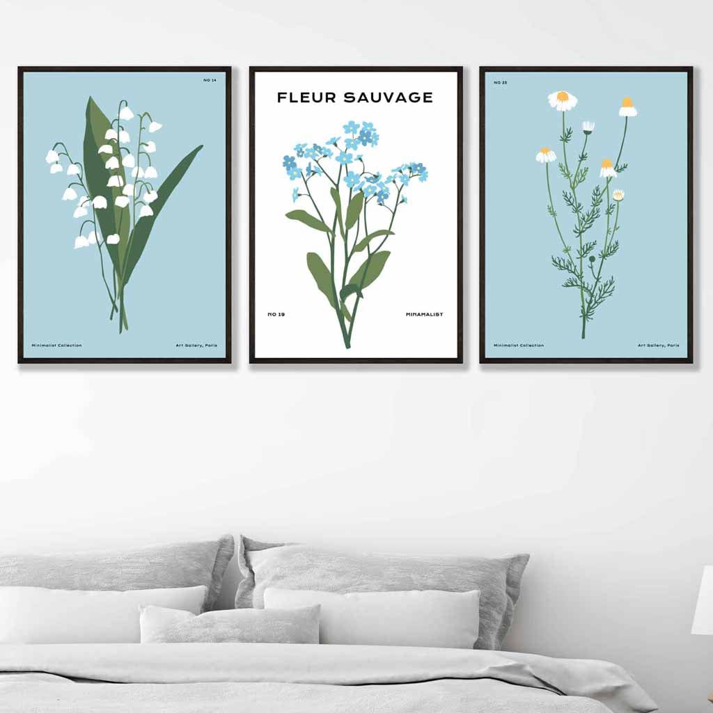 Set of 3 Vintage Graphical Blue Spring Wild Flowers Wall Art Prints