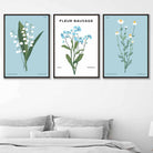 Set of 3 Vintage Graphical Blue Spring Wild Flowers Wall Art Prints