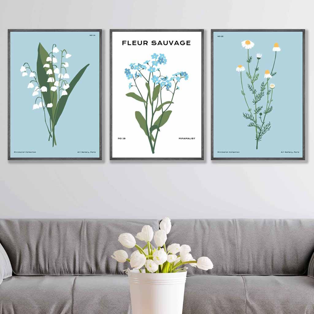Set of 3 Vintage Graphical Blue Spring Wild Flowers Wall Art Prints