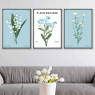 Set of 3 Vintage Graphical Blue Spring Wild Flowers Wall Art Prints
