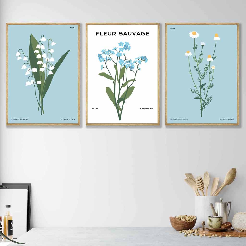 Set of 3 Vintage Graphical Blue Spring Wild Flowers Wall Art Prints