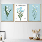 Set of 3 Vintage Graphical Blue Spring Wild Flowers Wall Art Prints